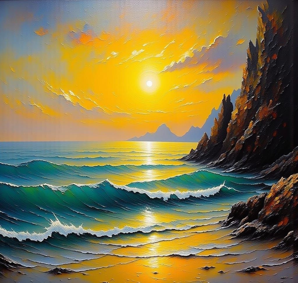 Summer Night Seascape in Impasto Style