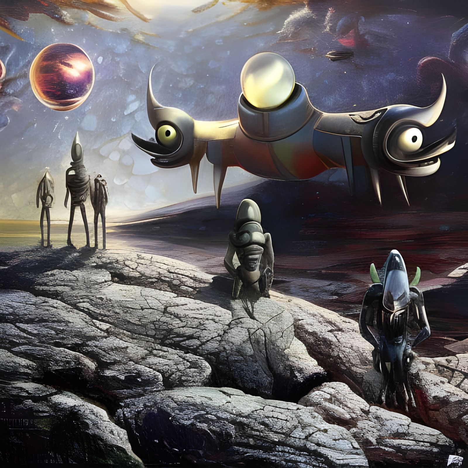 Alien Cartoon Characters in Surrealist Matte Painting