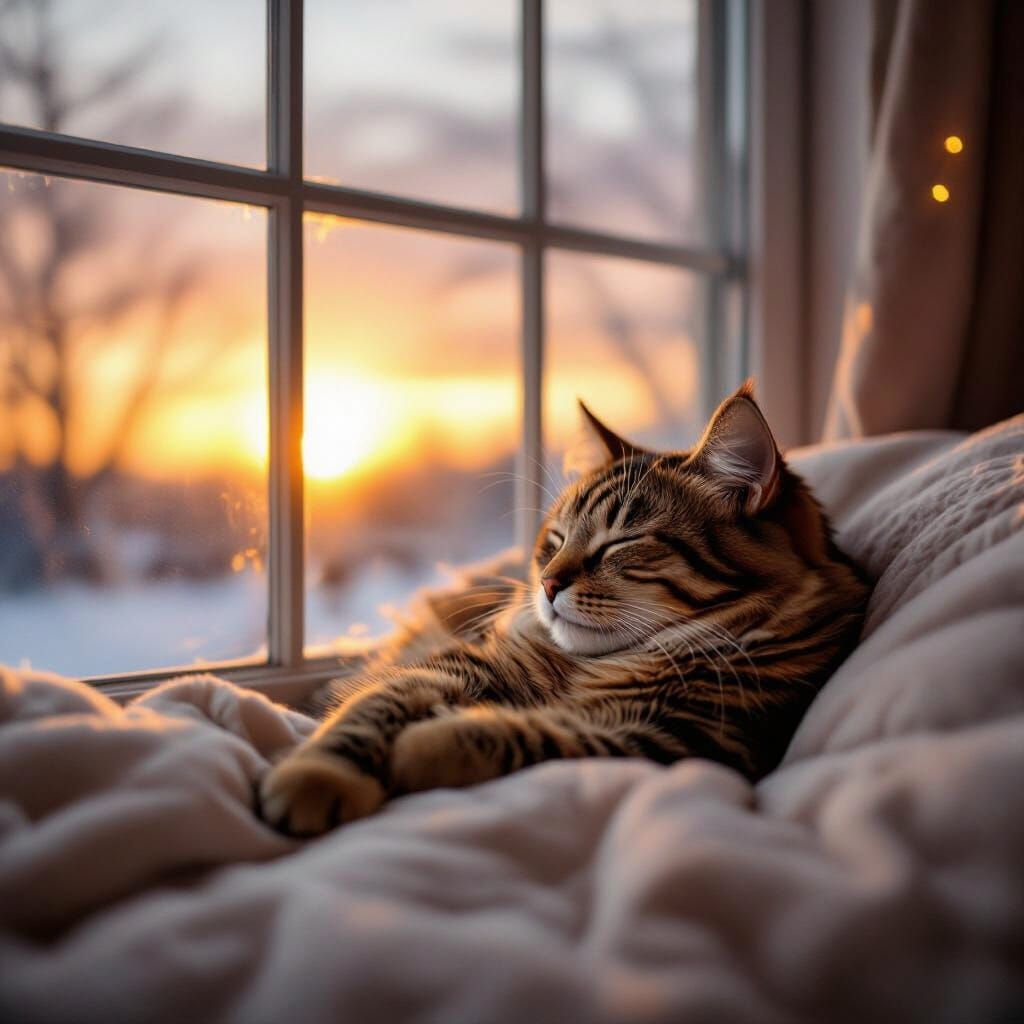 Cozy Cat Napping by Winter Sunset Window