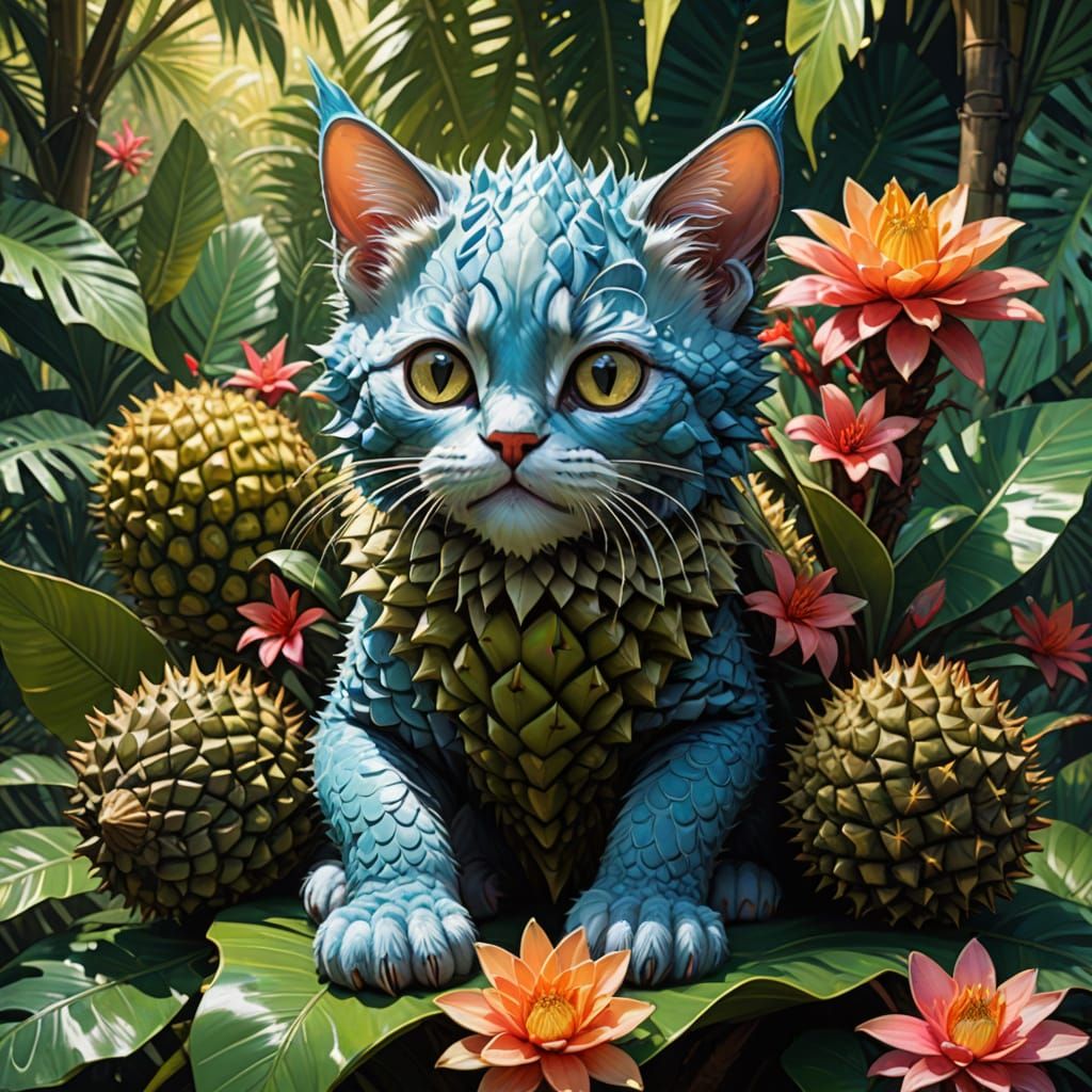 Majestic Feline Durian Hybrid in Tropical Dreamscape