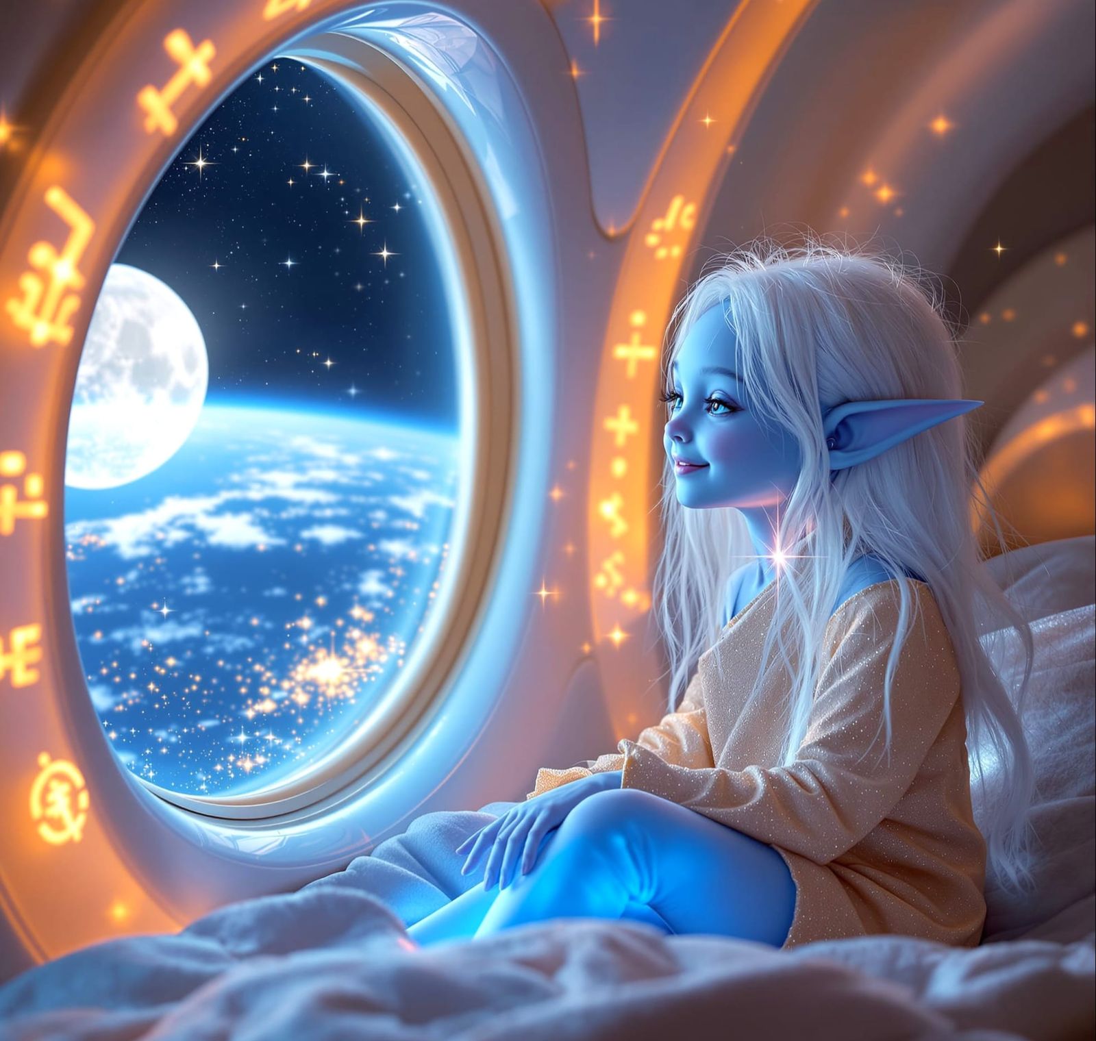 Adorable Blue Elf Children in Glowing Spaceship