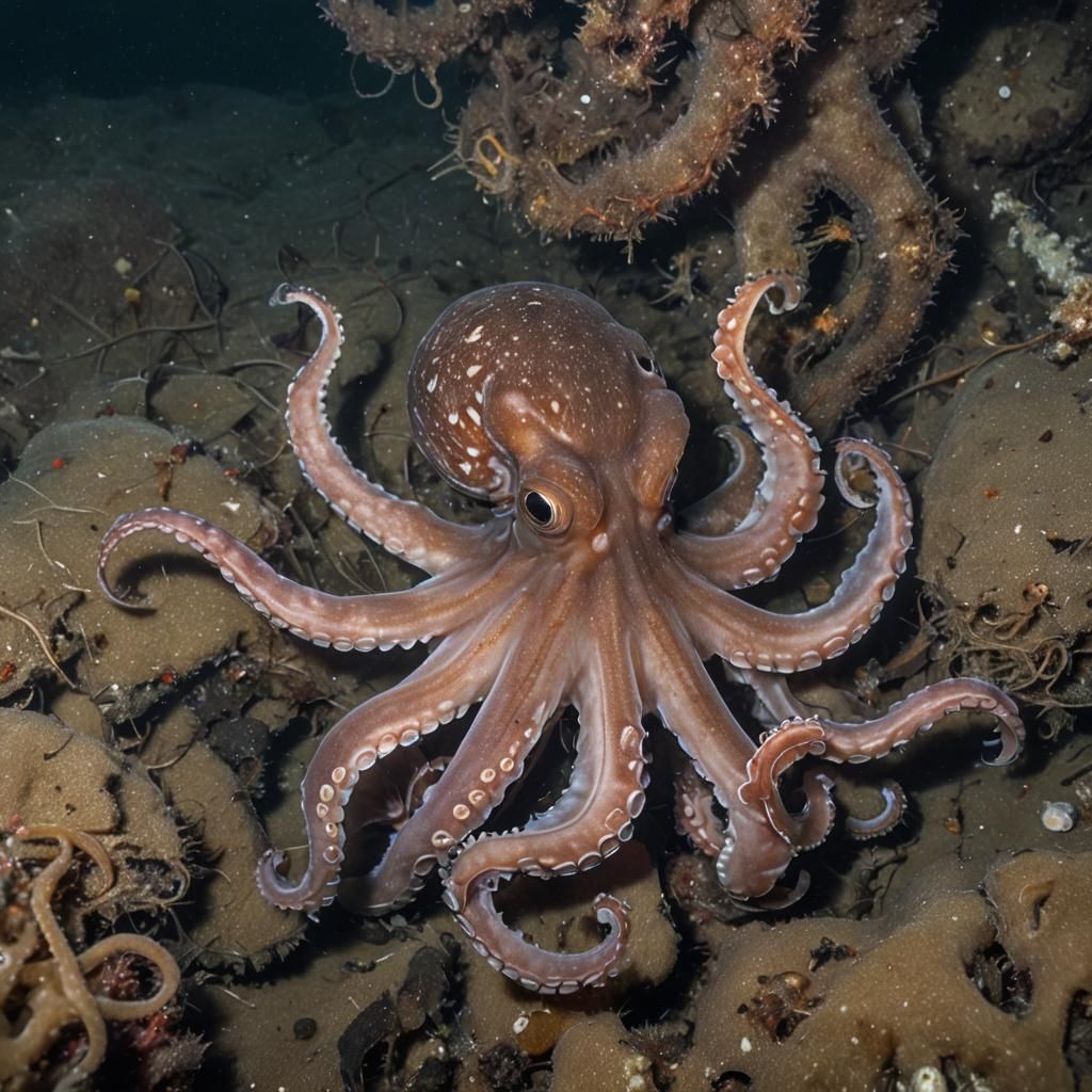 Octopus Exploring the Dark Ocean Depths