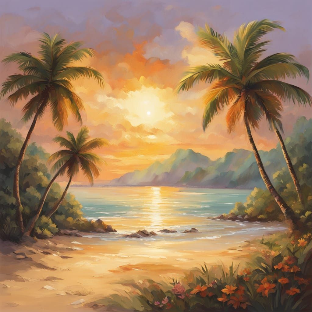 Warm Sunset on a Tropical Beach in Vibrant Oil Painting Styl...