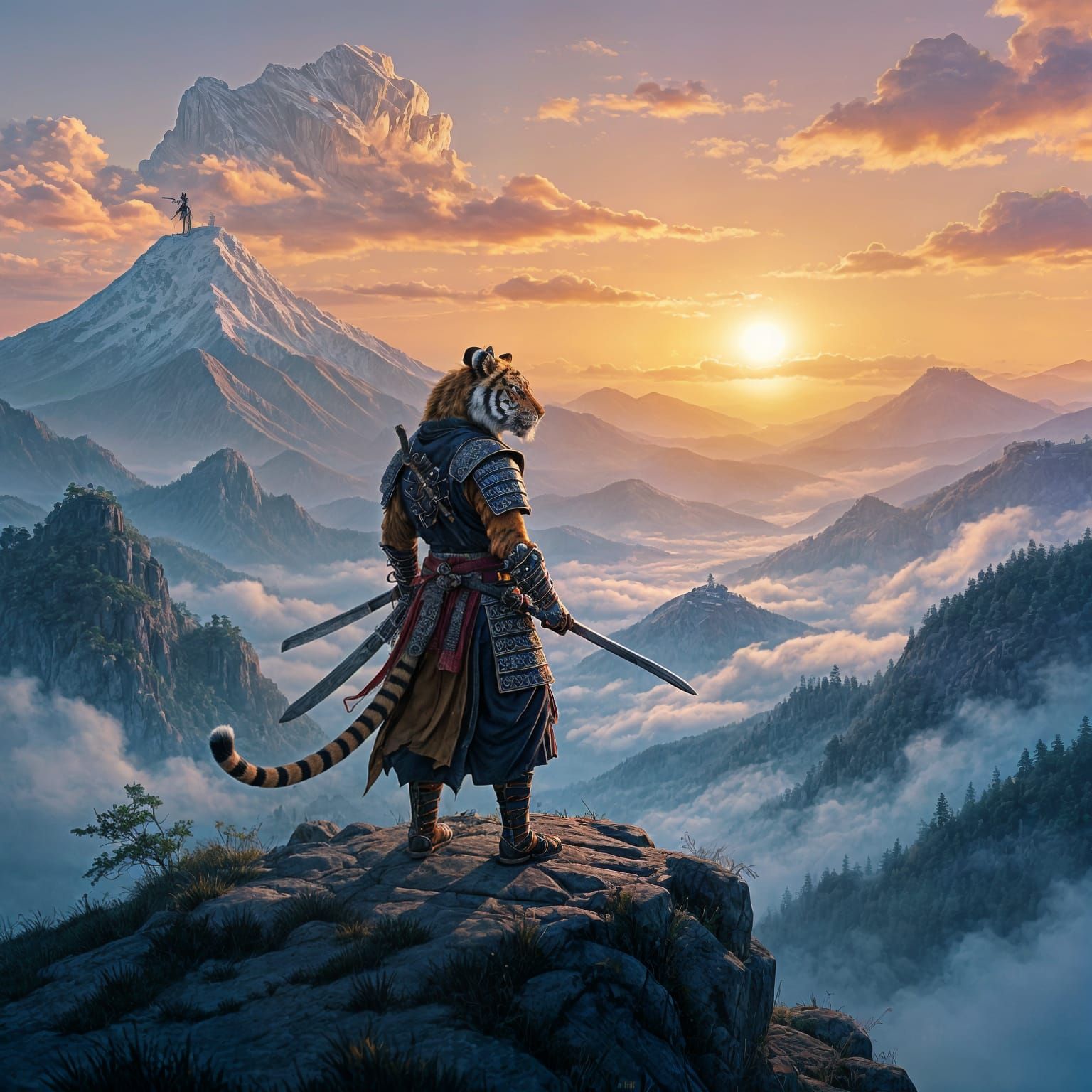 Tiger Samurai Overlooking Misty Landscape, Digital Art