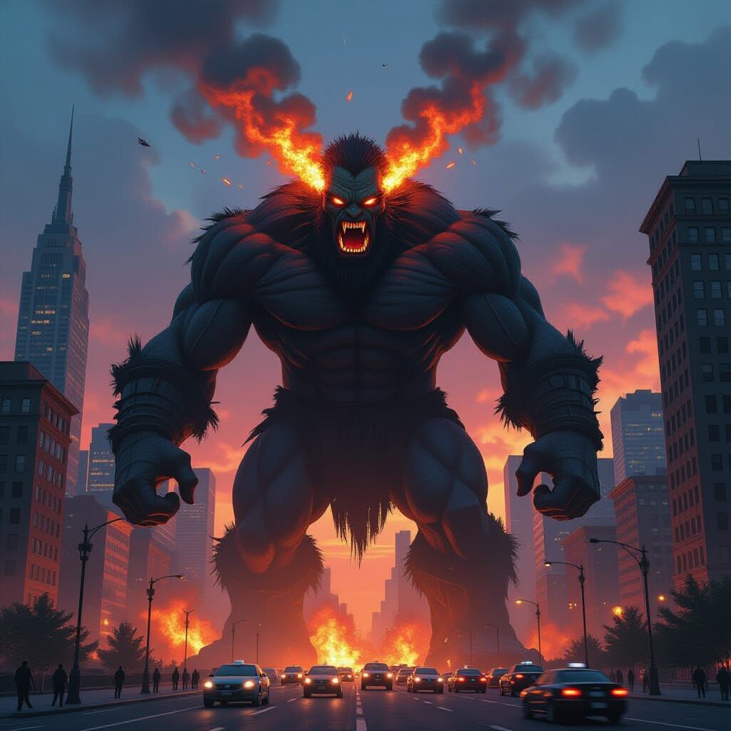 Giant Cyclops Destroys City at Dusk in Epic Fantasy Style