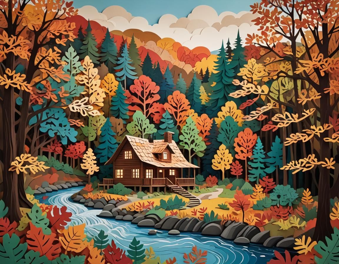 Cozy Cabin in Autumn Forest, Paper-Cut Art