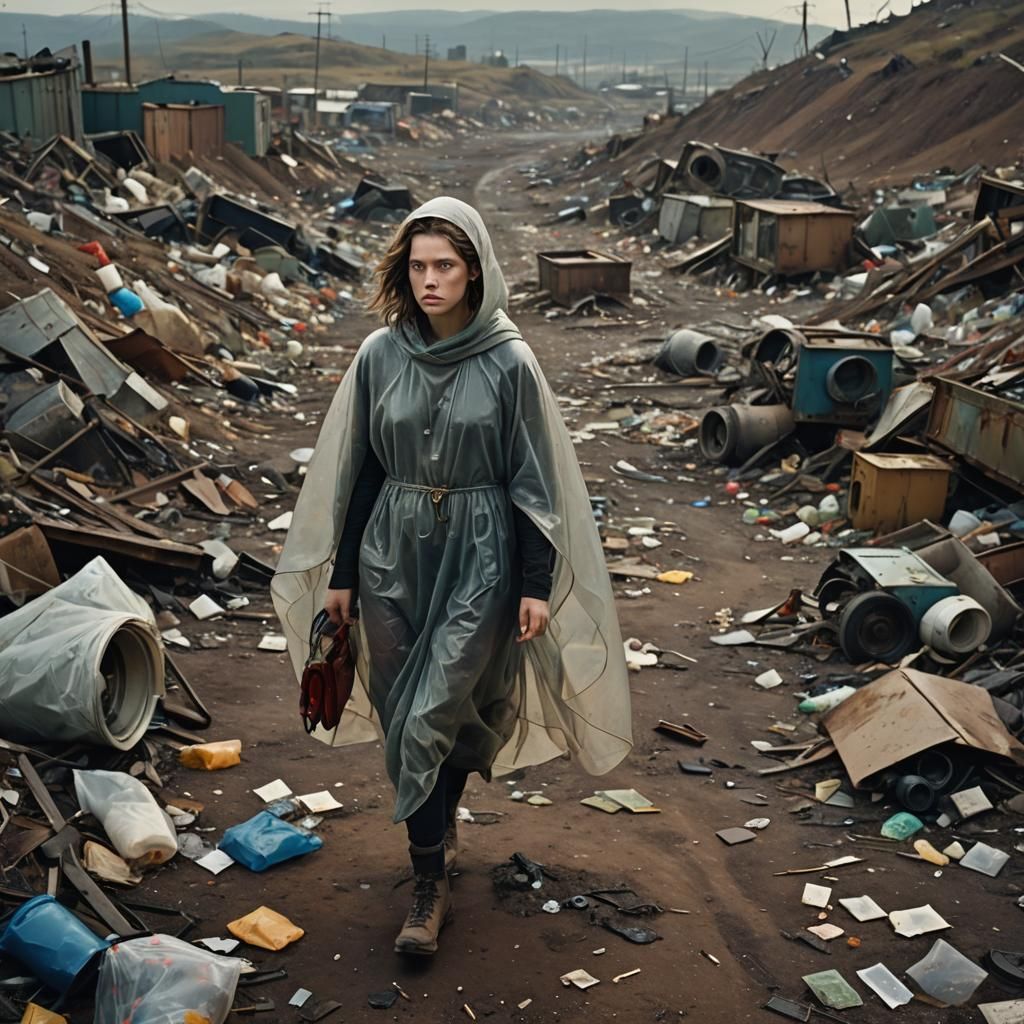 Woman in Landfill: Hyperrealistic Digital Matte Painting