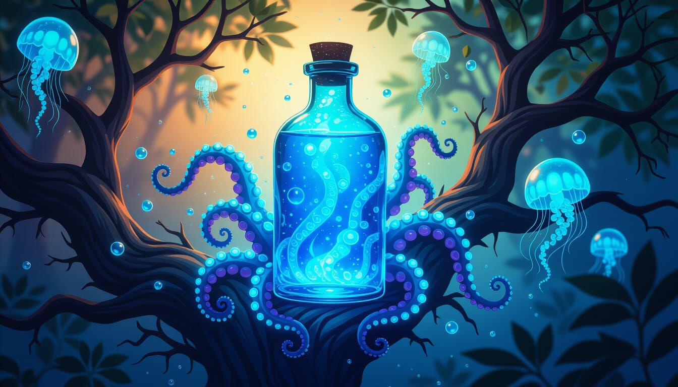 Bioluminescent Potion Bottle With Tentacles on Branches