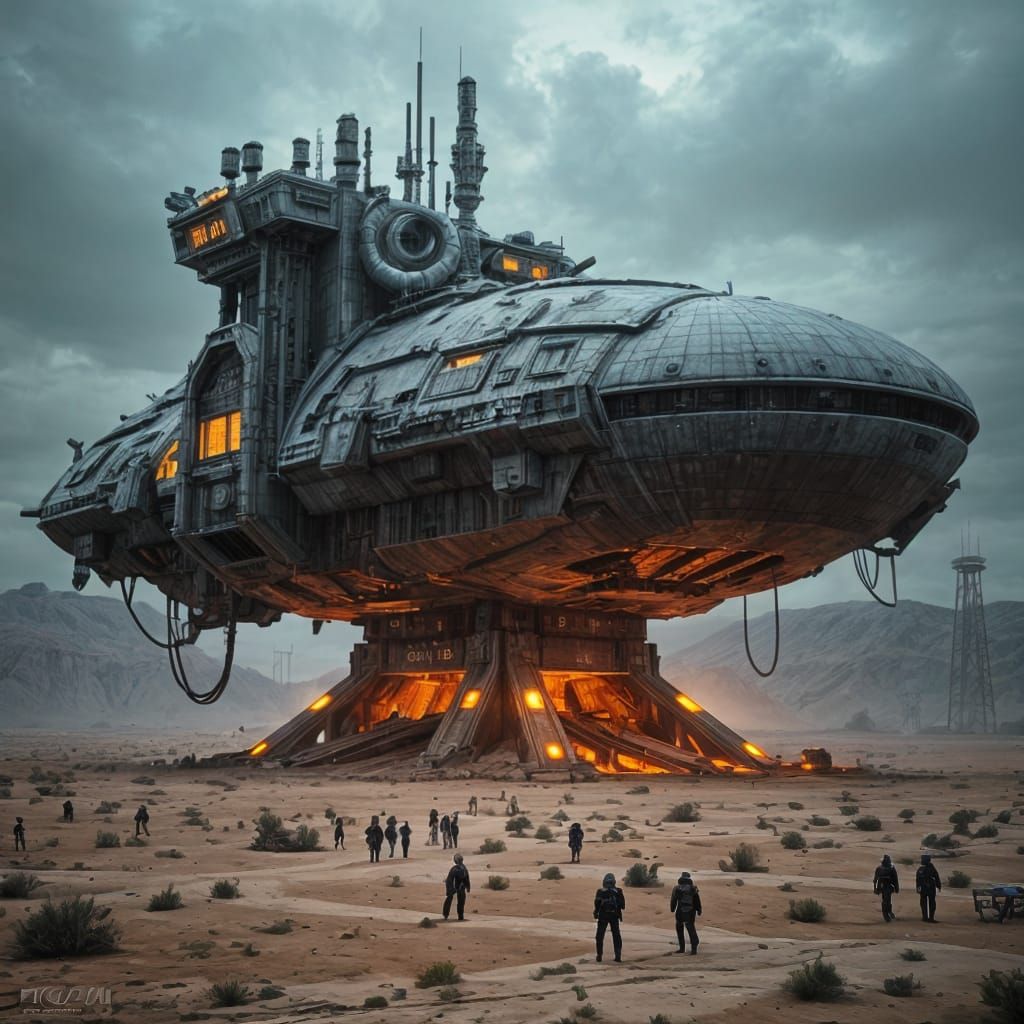 Brutalist Steampunk Ship on Dystopian Desert World