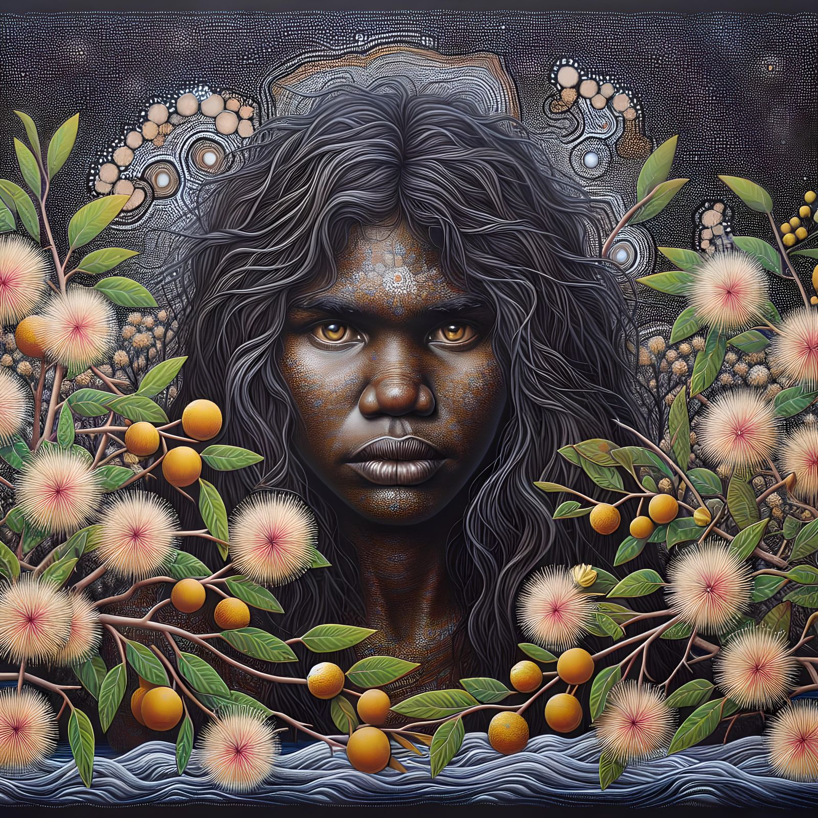 Aboriginal Woman with Lemon Myrtle in Oil Painting Style