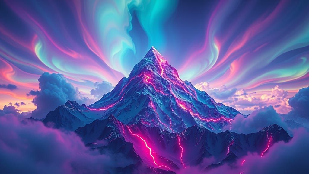 Surreal Fractal Mountain Glows with Radiant Bioluminescent C...