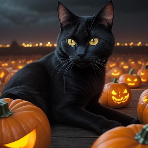 Black Cat Amidst Pumpkins: Cinematic Autumn Scene
