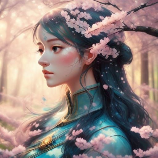 Anime Girl in Cherry Blossom Forest