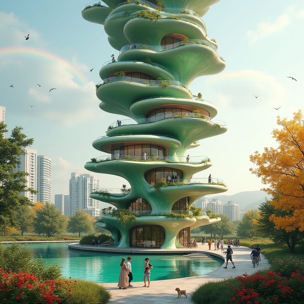 Biomimetic Flower Tower in Light Green Plastic and Concrete