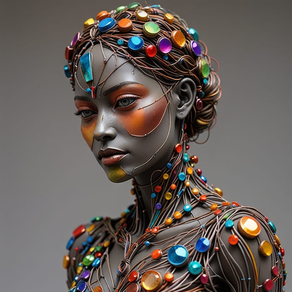 Dynamic Mixed-Media Sculpture with Metal, Clay and Beads