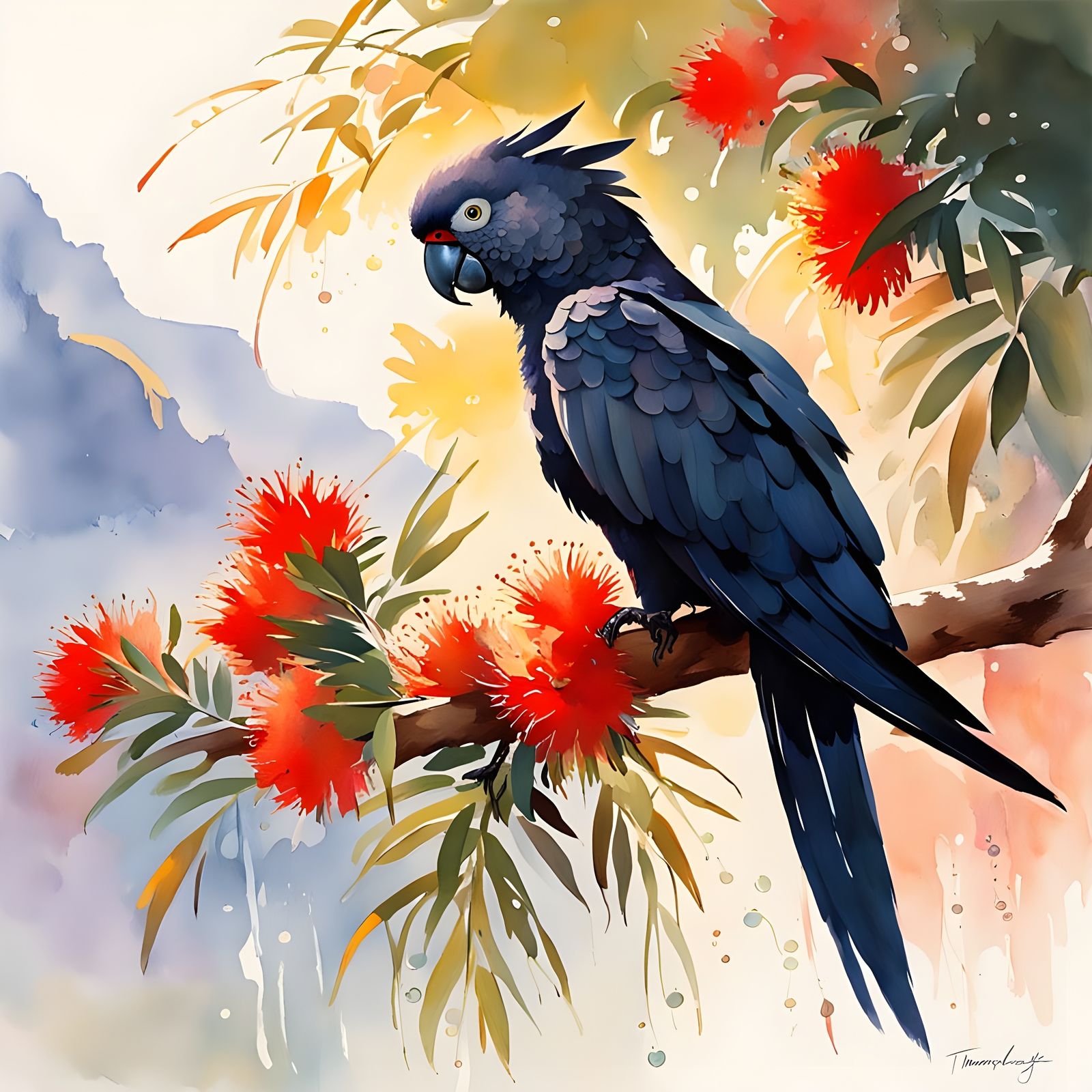 Impressionist-Style Australian Cockatoo on Bottlebrush