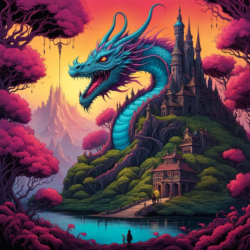 Bizarre Dragon and Castle: Psychedelic Surreal Art