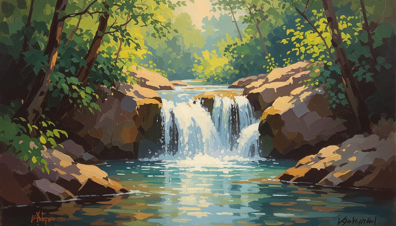 Serene Forest Waterfall in Expressive Oil Painting Style
