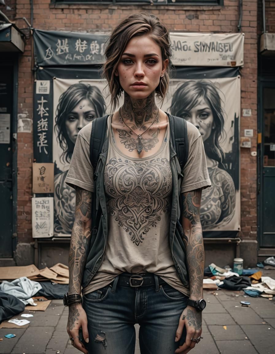 Elegant Homeless Woman with Tattoos: Realistic Art