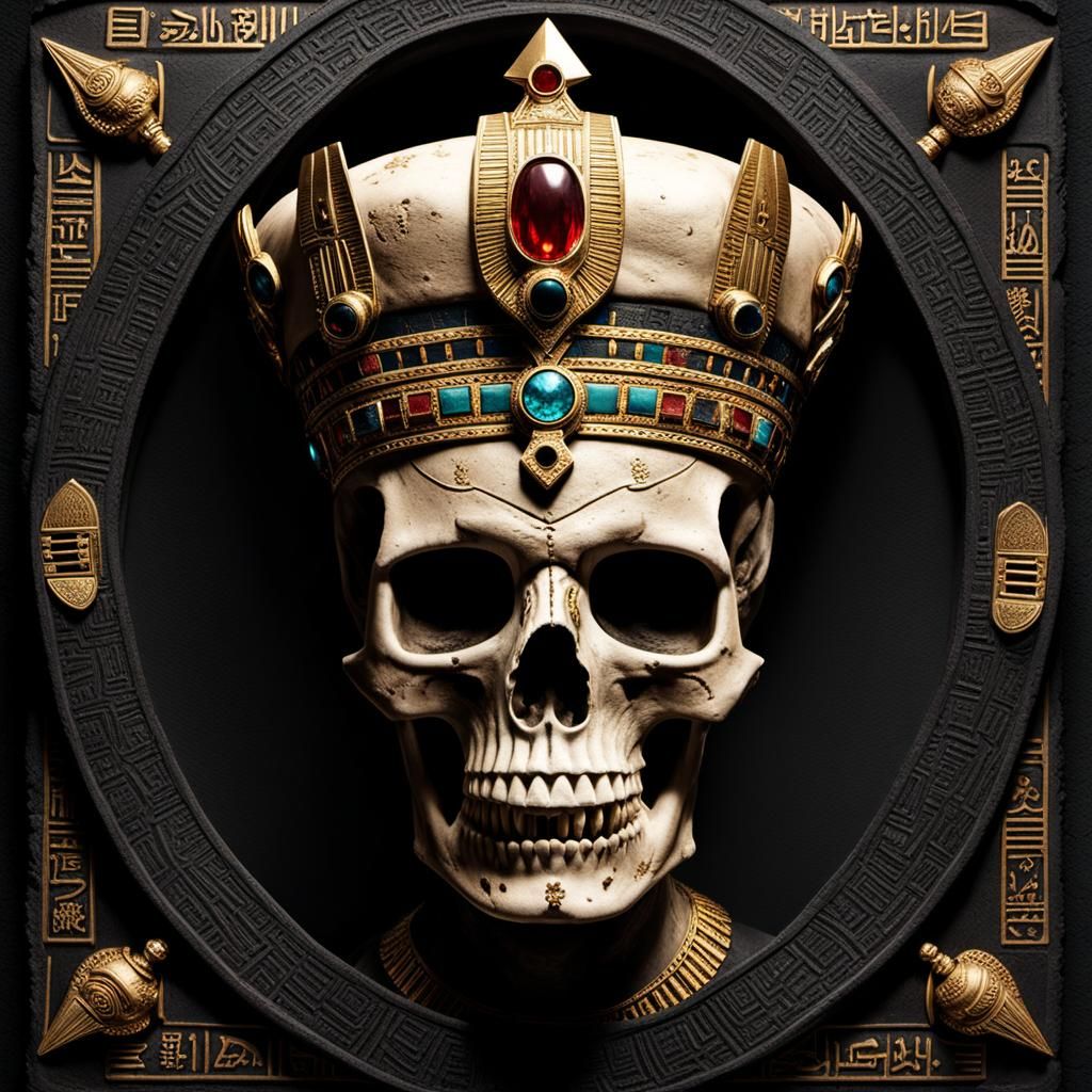 Undead Egyptian King Skull with Hieroglyphs