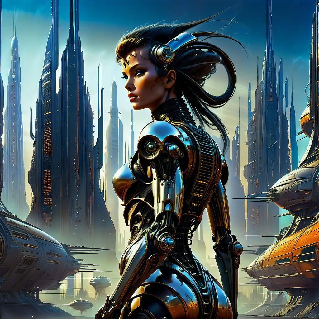 Futuristic Cityscape: Humanoid Woman in Polished Metal