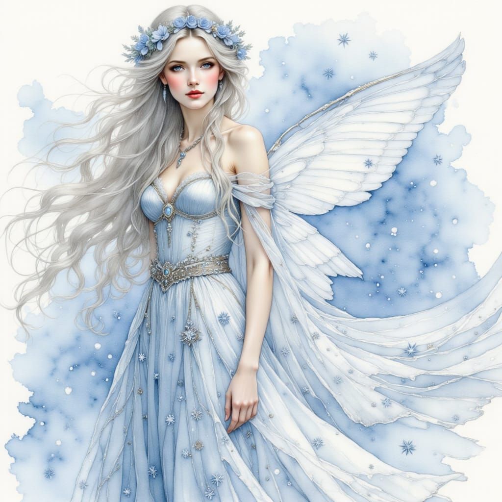 Snow Fairy in Watercolor Style with Icy Wings