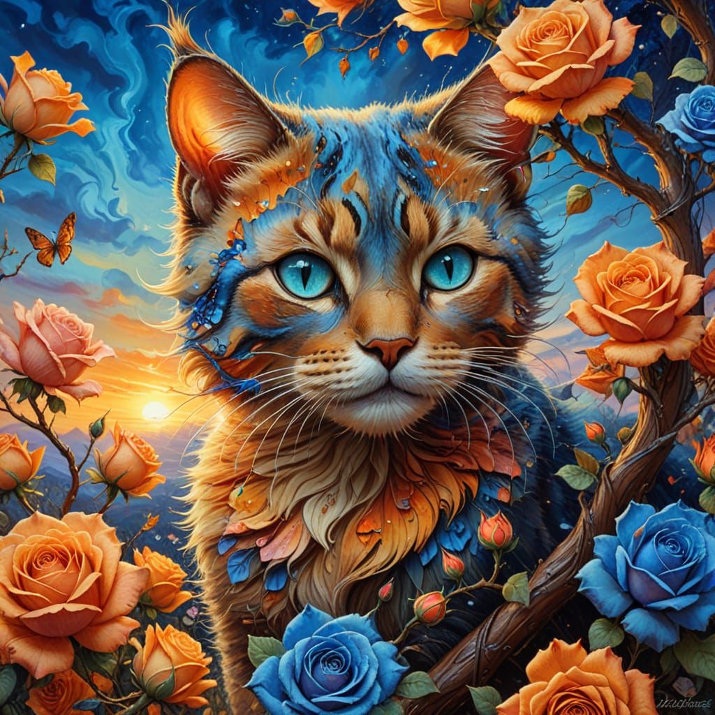 Surreal Cat in Roses Oil Painting