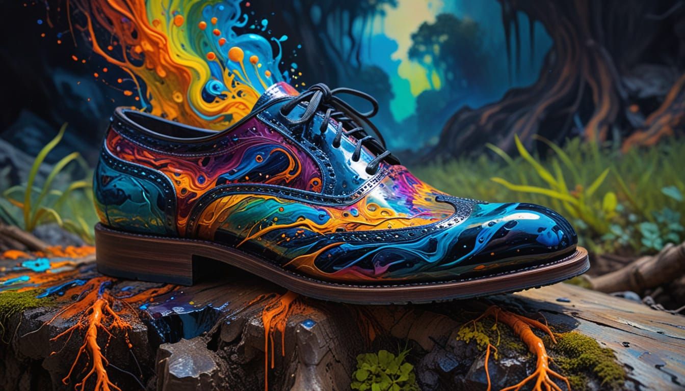 Obsidian Stiletto Shoe Planted in Psychedelic Field