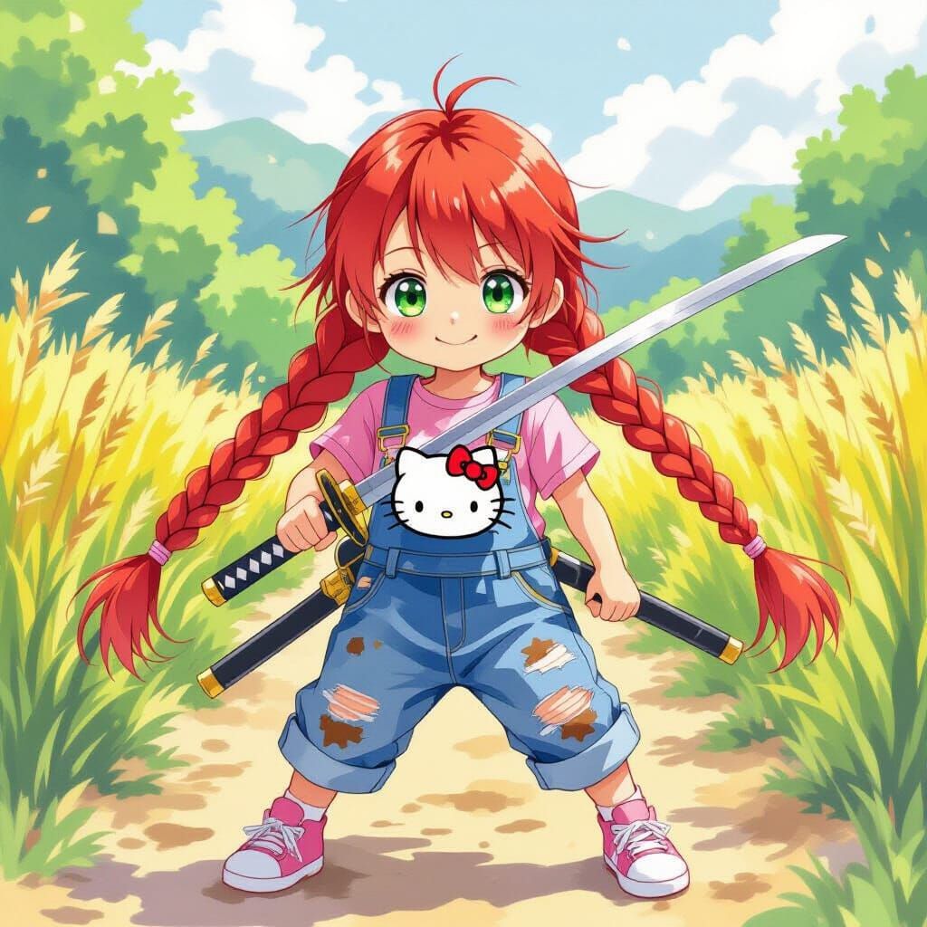 Japanese Girl with Sword in Watercolor Style