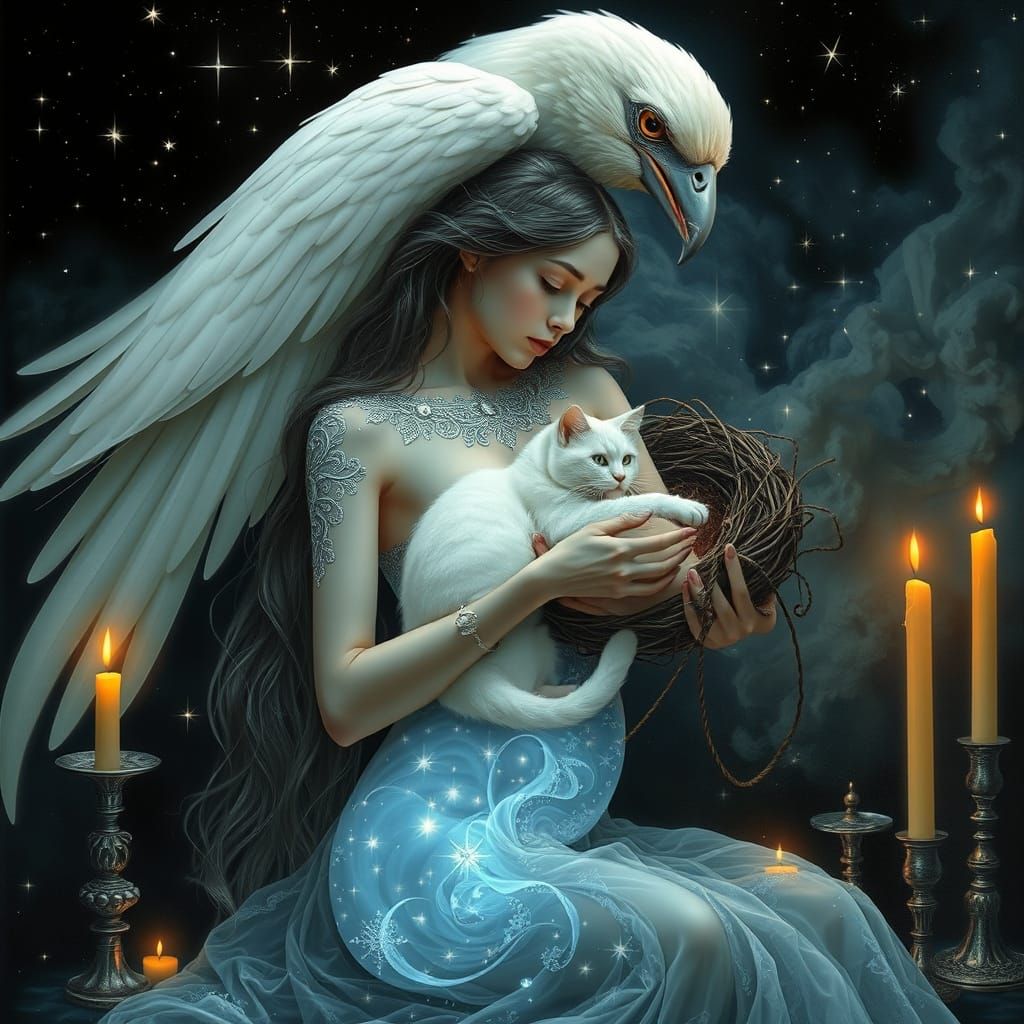 Ethereal Woman Holding Cat Amidst Starry Nest