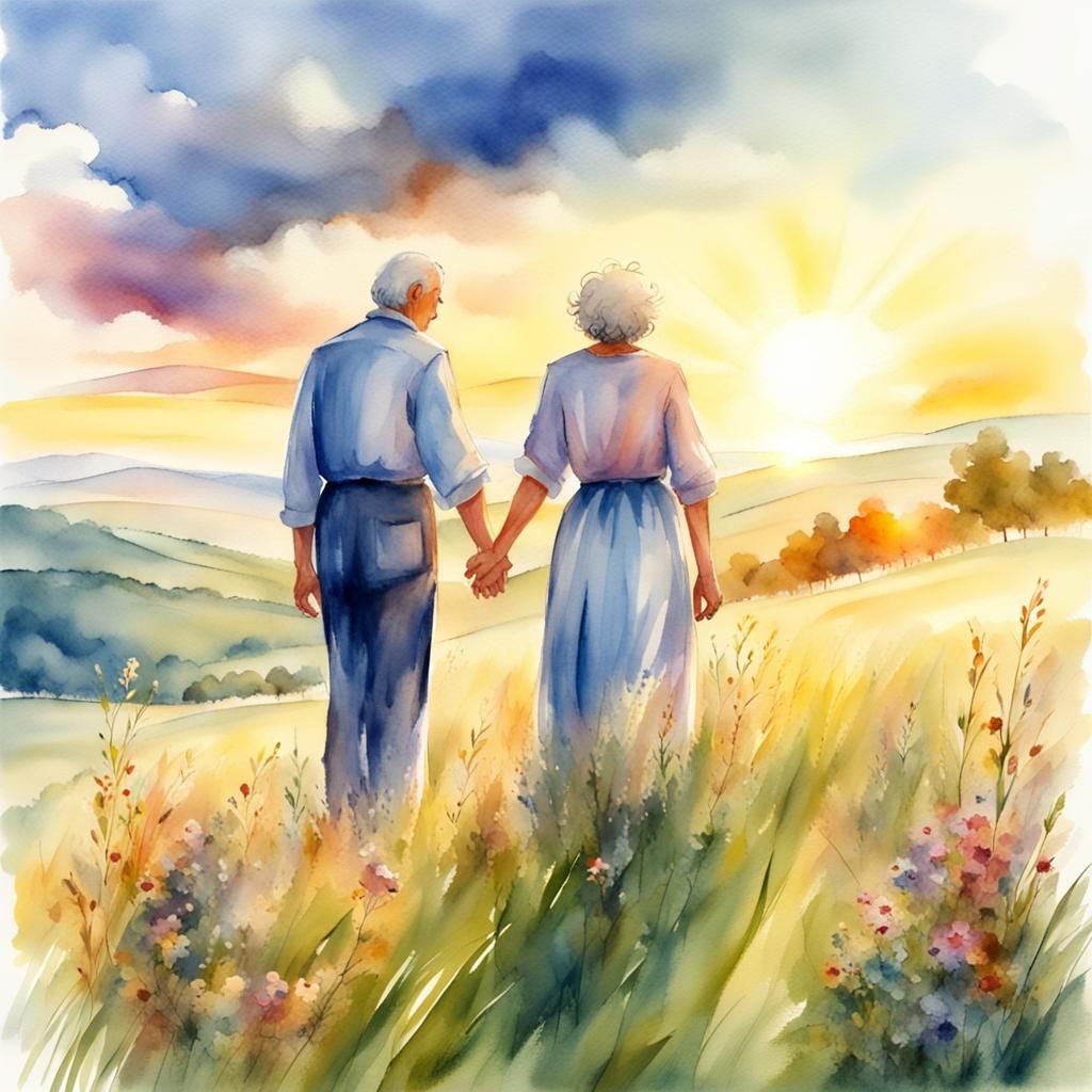 Elderly Lovers Picnic at Sunset in Watercolor Style