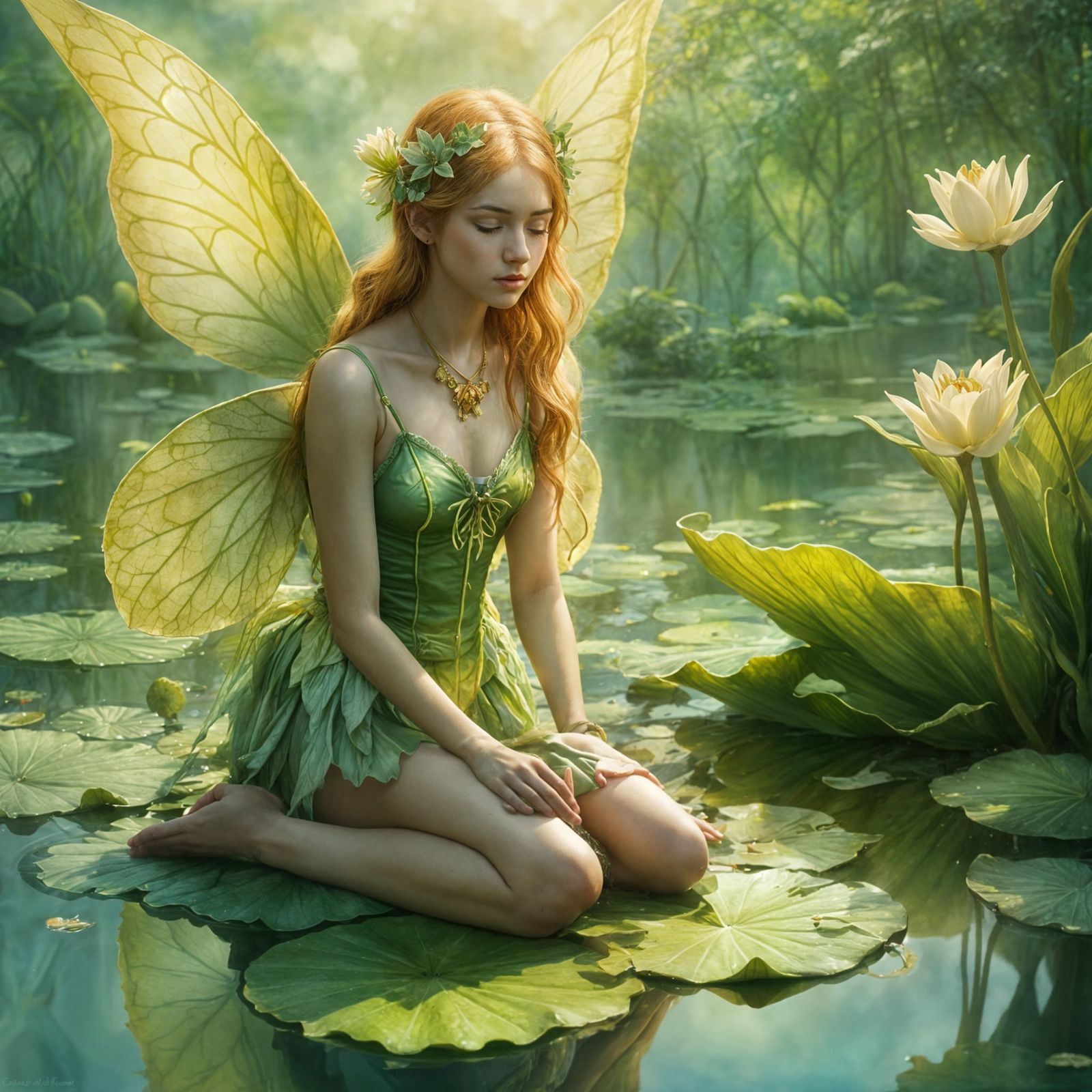 Fairy on Lily Pad in Dreamy Watercolor Style