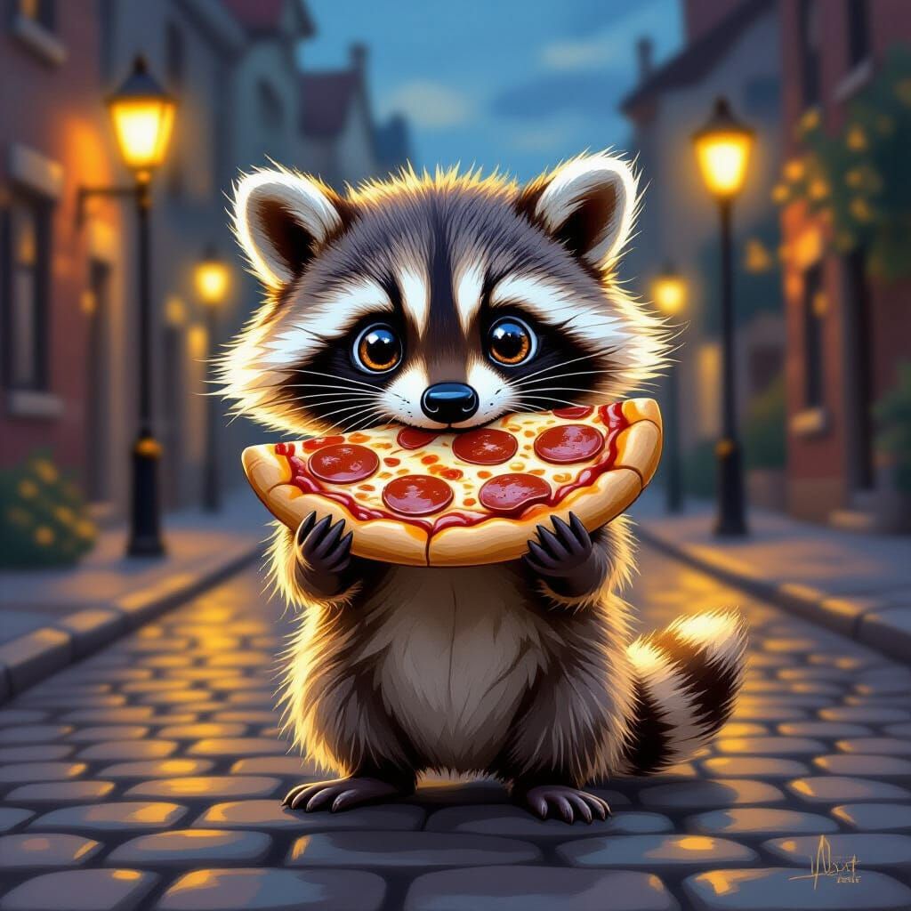 Cute Raccoon Steals a Pepperoni Pizza at Dusk