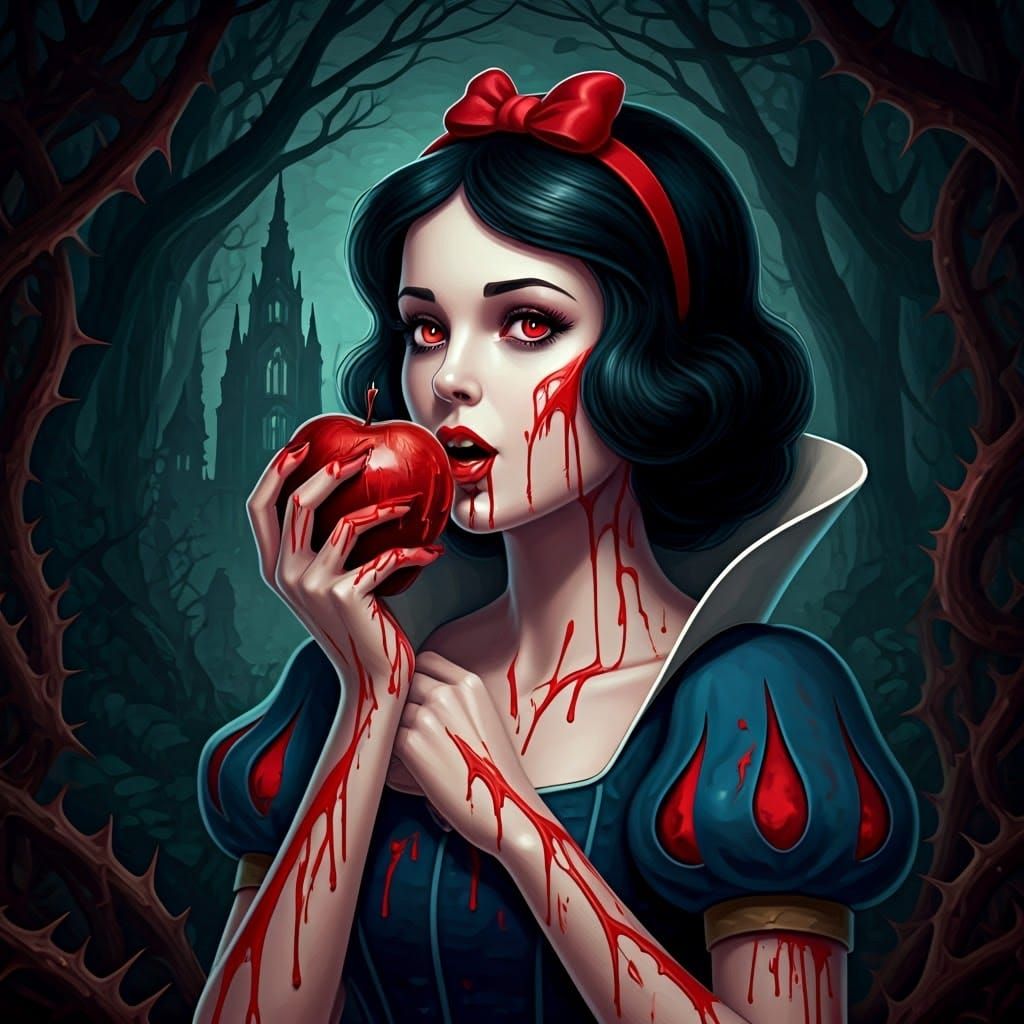 Ethereal Vampire Queen Bites Crimson Apple in Gothic Splendo...