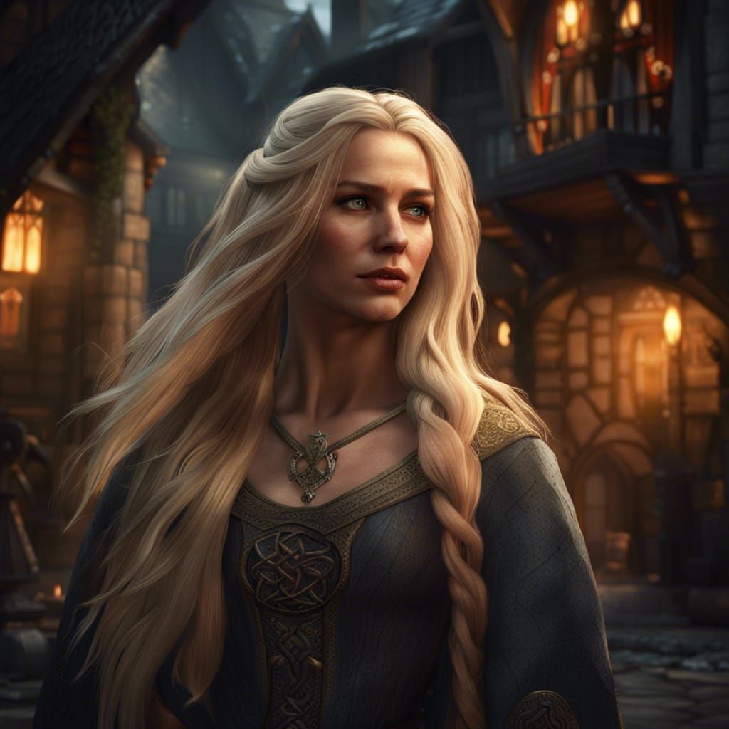 Celtic Woman in Medieval Village, Dark Fantasy Art