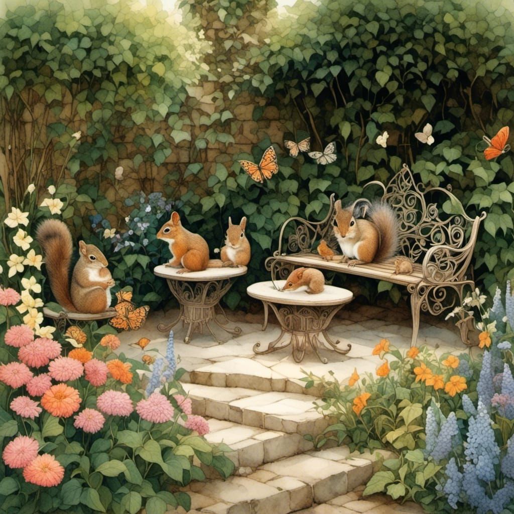 Idyllic Garden Seating Area with Wildlife