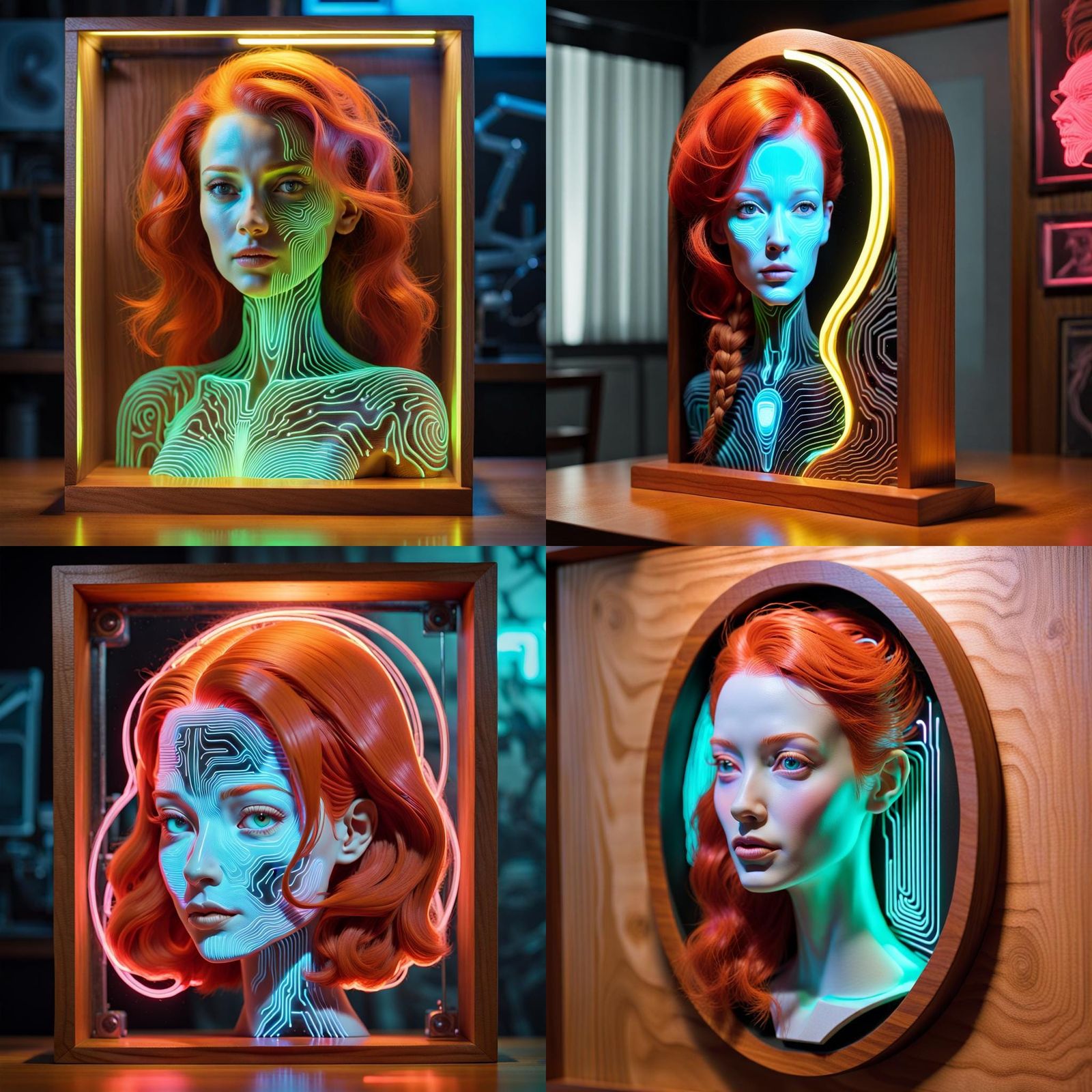 Redhead Neon Hologram Portrait in Biometric Diorama Style