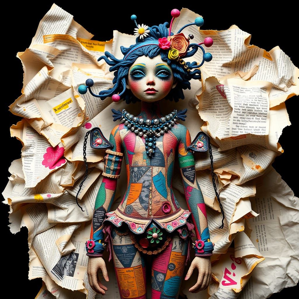 Figurine Surrounded by Newsprint in Pop Surrealist Style