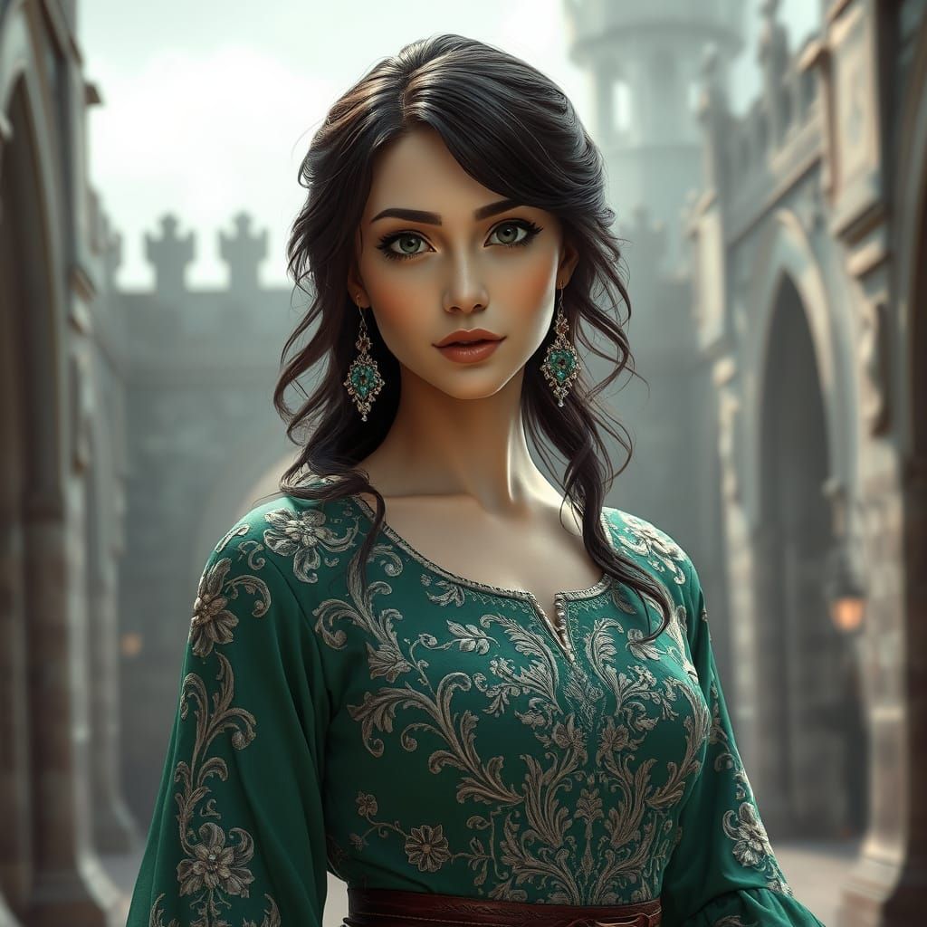 Medieval Woman in Emerald Dress, Monochrome 3D Anime