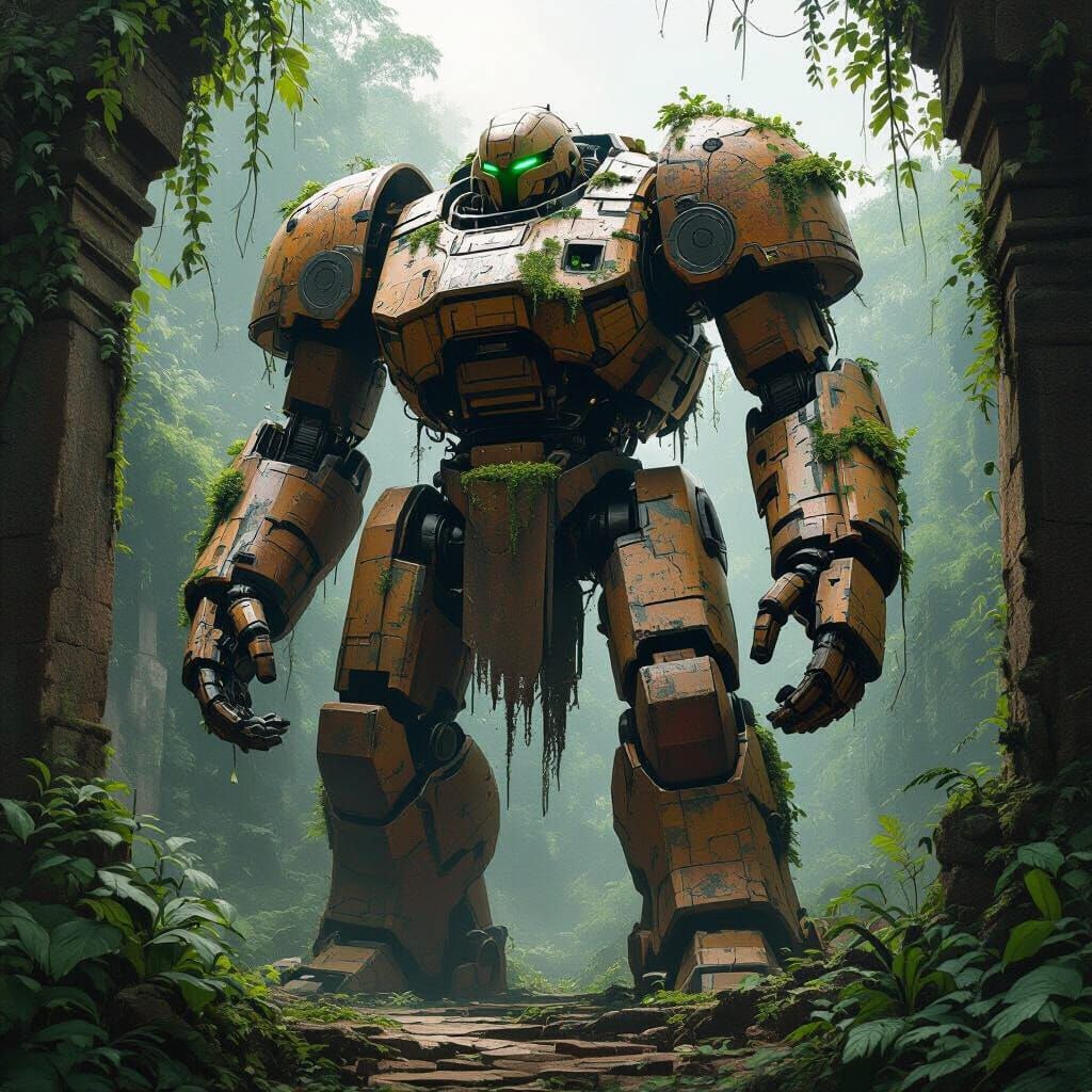 Ancient Robot Guardian in Overgrown Jungle Temple
