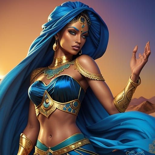 Female Genie in Blue Silk in Sahara as Oil Painting