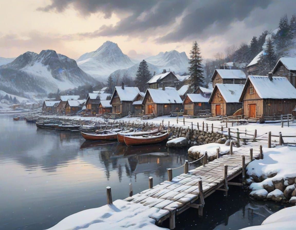 Winter Medieval Harbor Scene in Watercolor Style