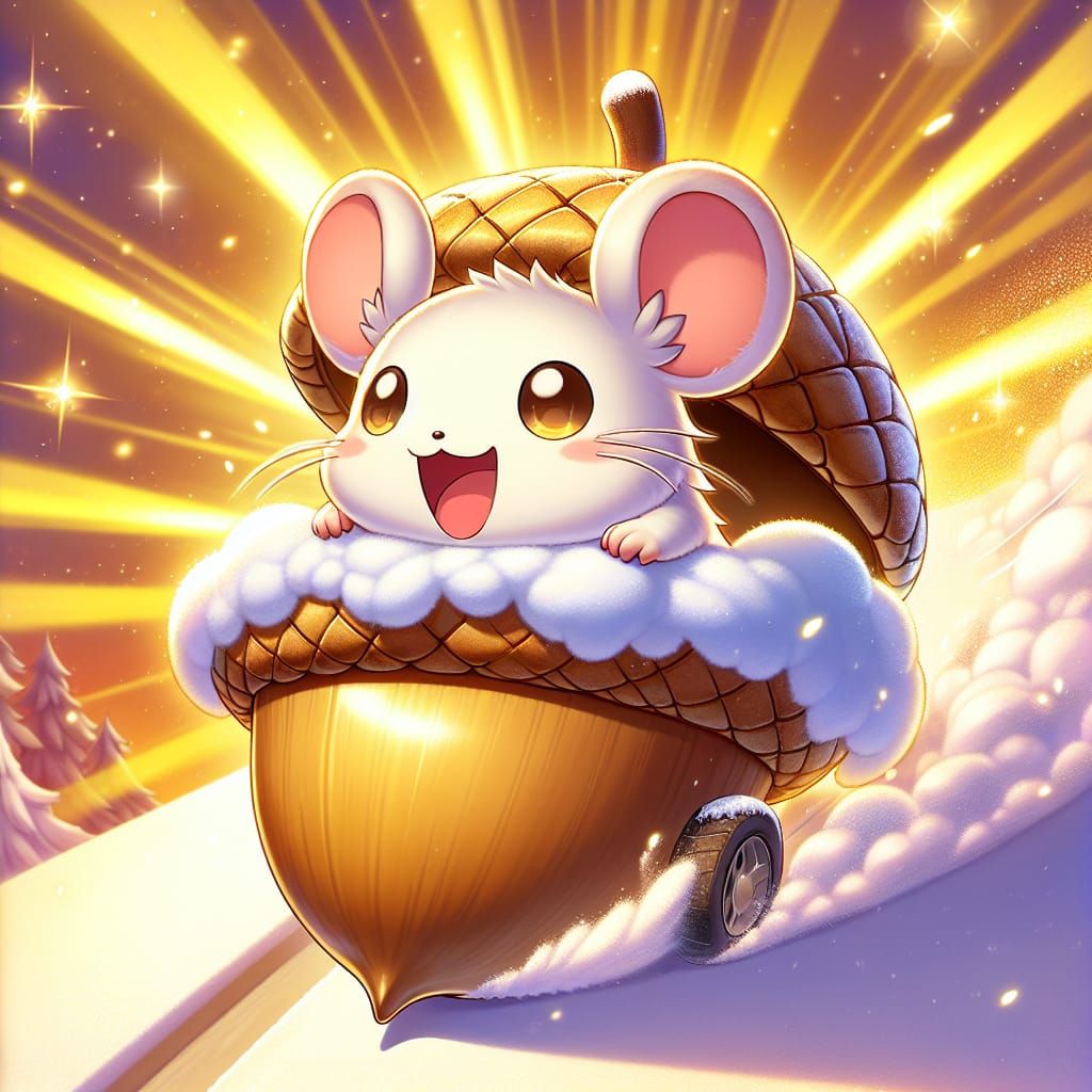 Chibi Magical Mouse Whizzes Down Snowy Hill in Acorn Car