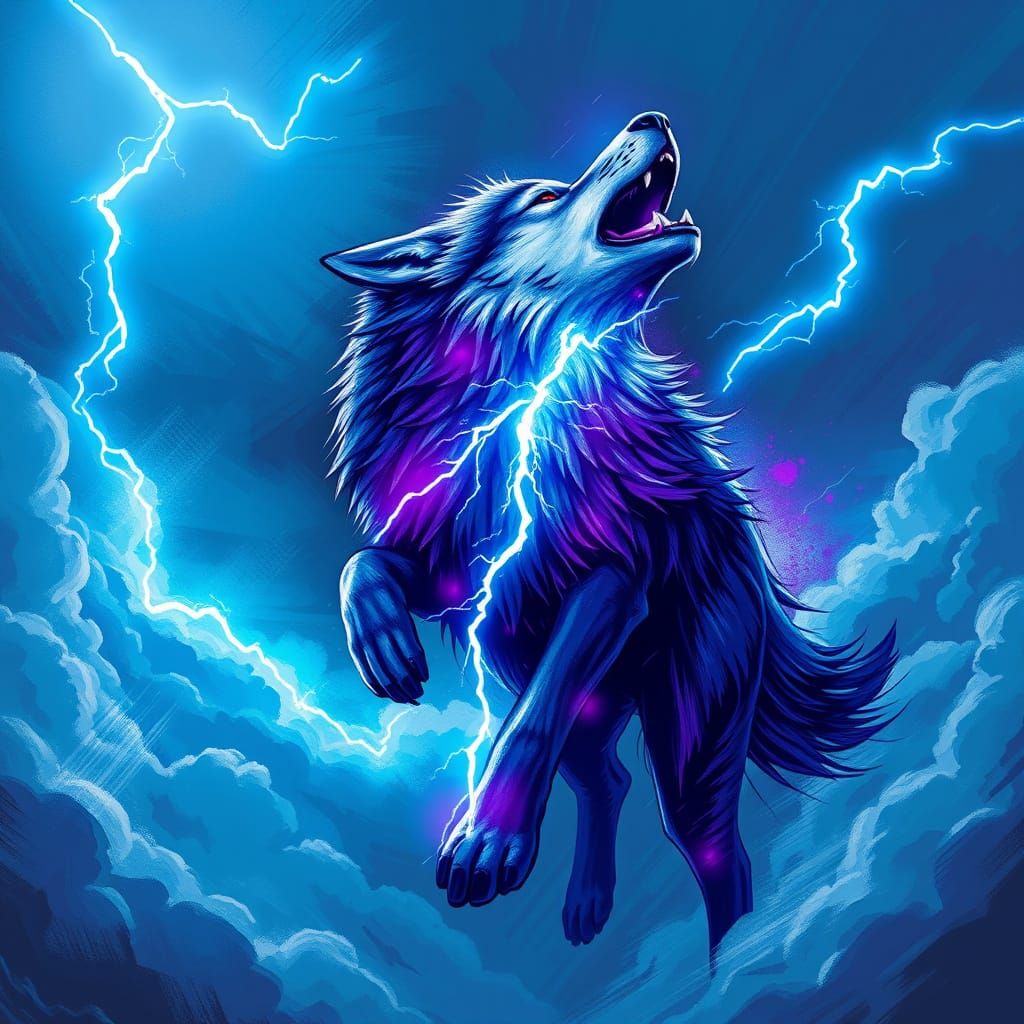 Wolf Shaped Lightning Bolt Illuminates Turbulent Stormy Sky