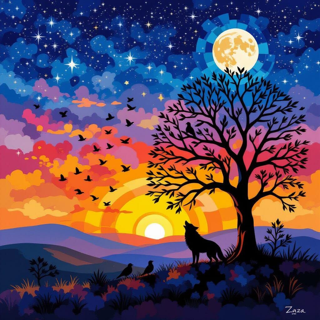 Twilight Wolf Howls Beneath Starry Sky, Mosaic Paint Splash ...