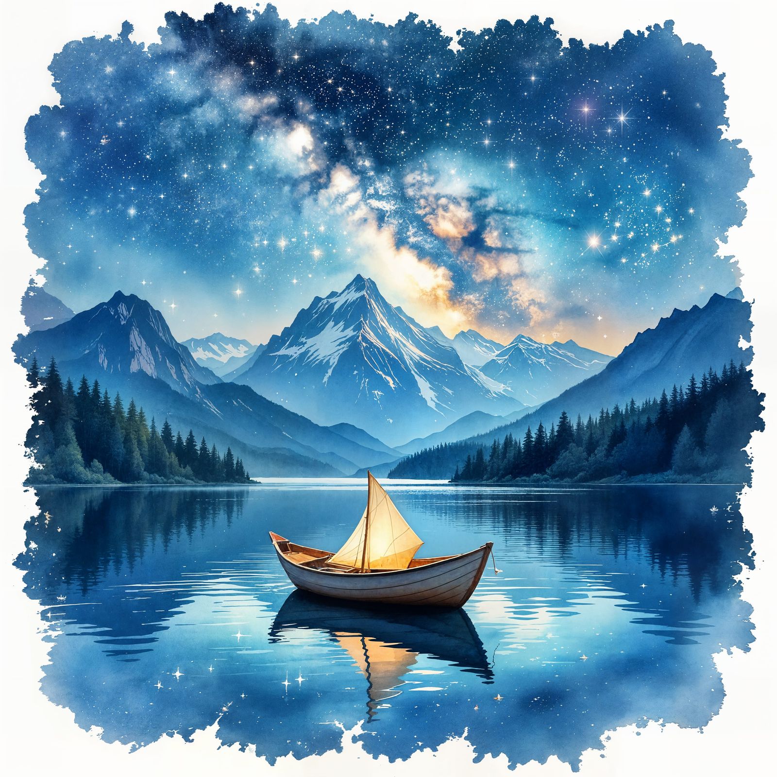 Watercolor Paper Boat on Cosmic Lake