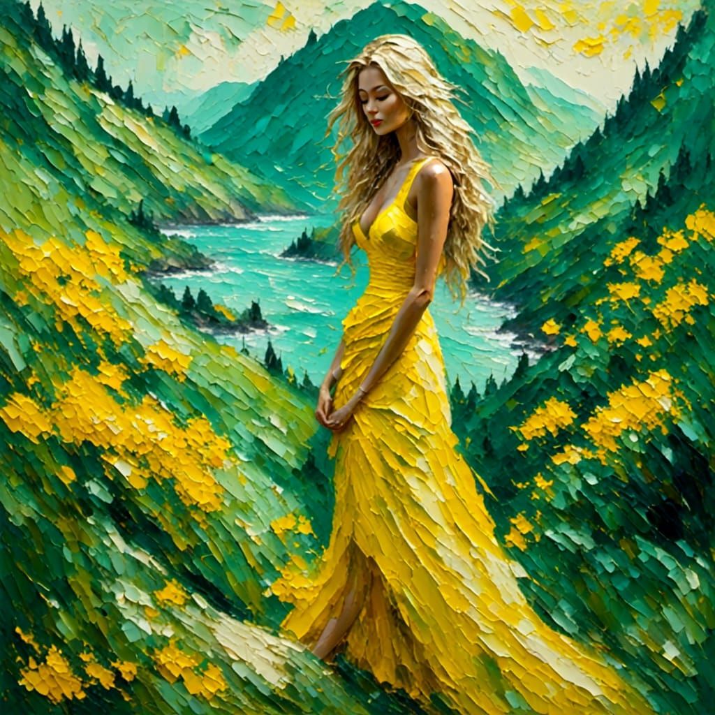 Blonde Beauty in Lush Oasis, Watercolor Style