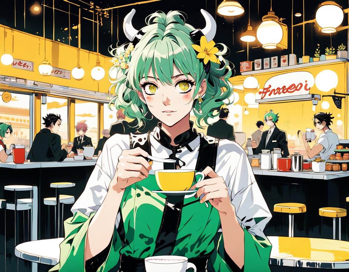 Anime Girl in Diner with Coffee