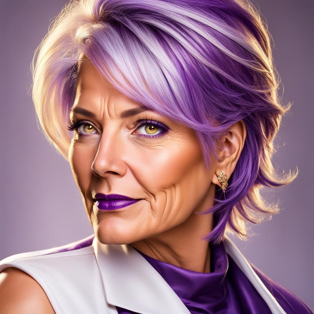 Portrait of a Woman with Purple Hair and Golden Eyes