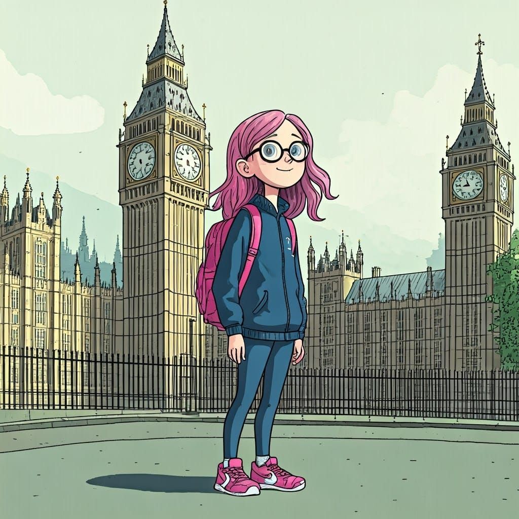 Girl with Pink Ponytail Explores London: Whimsical Illustrat...